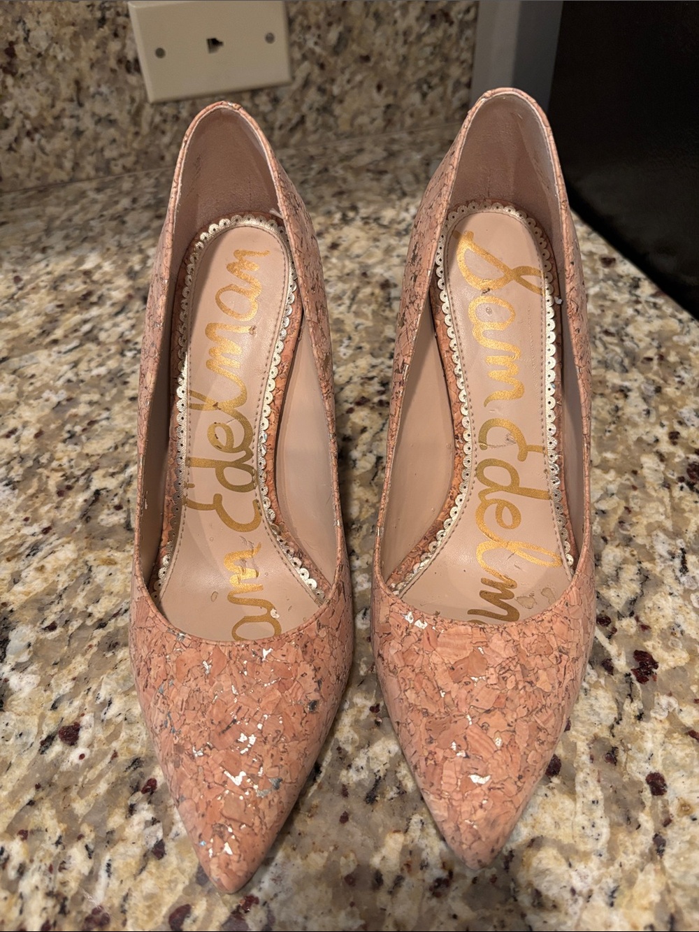 Sam Edelman Peach-Pink Cork-Effect Pointed Toe Pumps, 4 Inch heels - Picture 2 of 5
